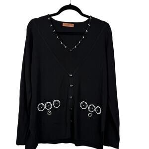 Tinna W Black Beaded Floral Sweater Vintage Glam L